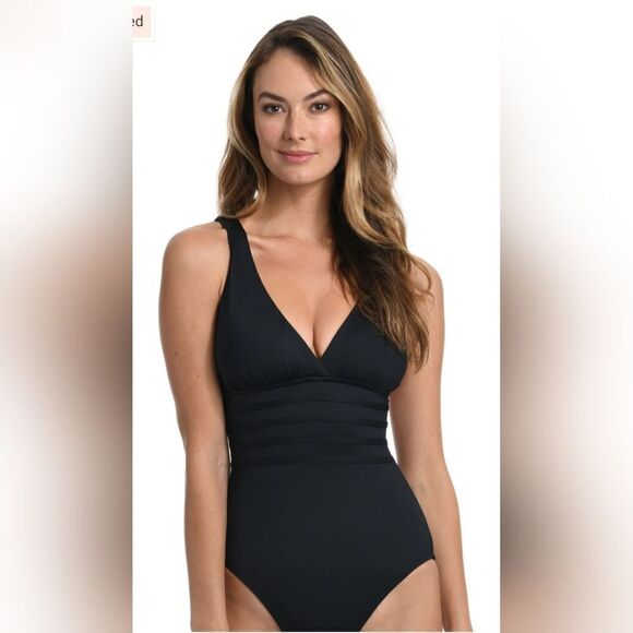 La Blanca Island Goddess Multi-Strap Cross-Back One Piece NWT size 14 Black - Picture 1 of 5